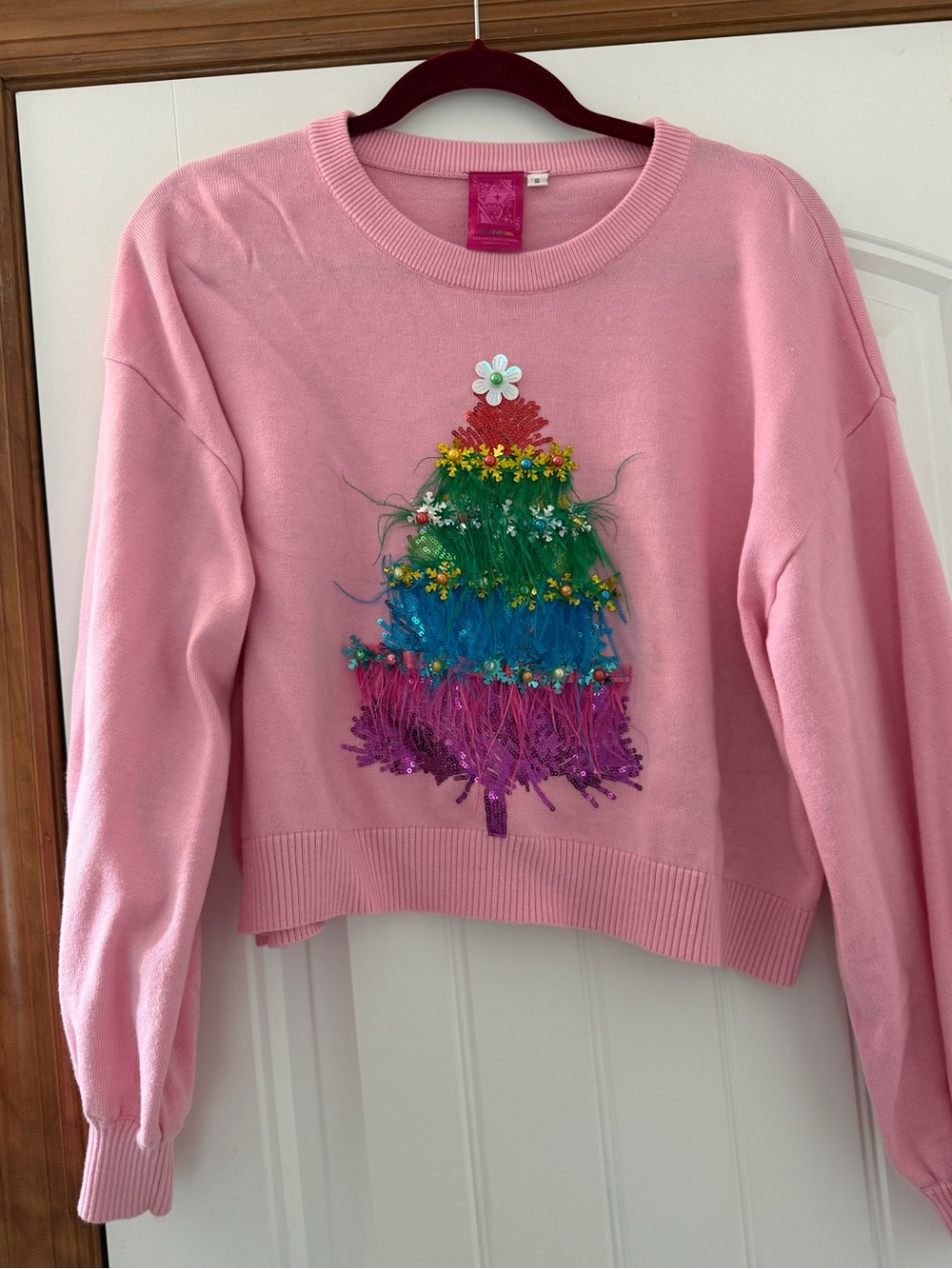 QUEEN OF SPARKLES Pink Embellished Crewneck Sweater with feather Tree